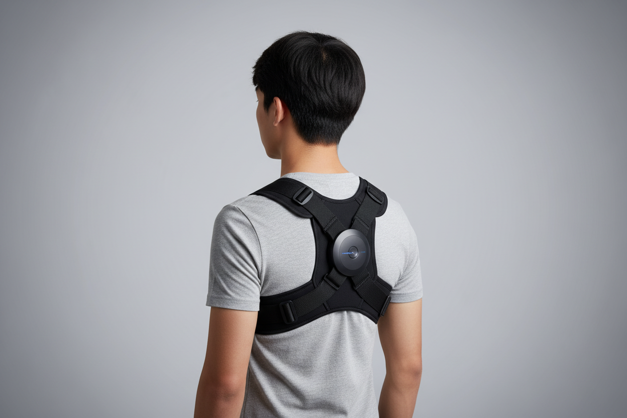 generate an image of a person using posture corrector gadget which have greyish background